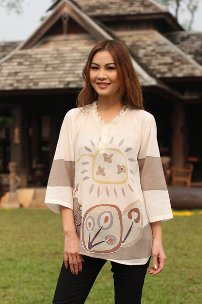 Cotton batik tunic, 'Flirty Peacock' - Batik Cotton Tunic