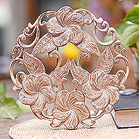 Wood relief panel, 'Plumeria Wreath' - Hand Carved Balinese Plumeria Wreath Relief Panel