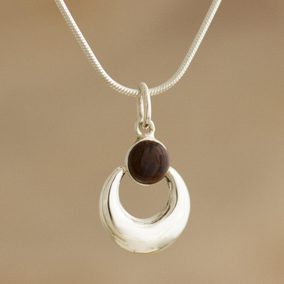 Mahogany obsidian pendant necklace, 'Crowned Crescent' - Handmade Mahogany Obsidian Necklace