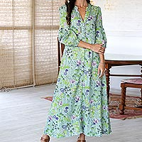 Screen printed cotton dress, 'Lush and Lovely' - Screen Printed Floral-Motif Cotton Maxi Dress
