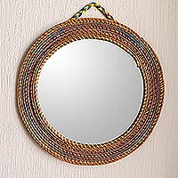 Pine needle wall mirror, 'Natural Reflections' - Colorful Round Wall Mirror Framed with Pine Needles