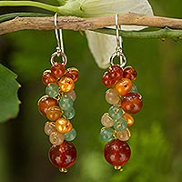 Pearl and carnelian beaded earrings, 'Golden Vines' - Thailand Yellow Pearl Carnelian Quartz Cluster Earrings