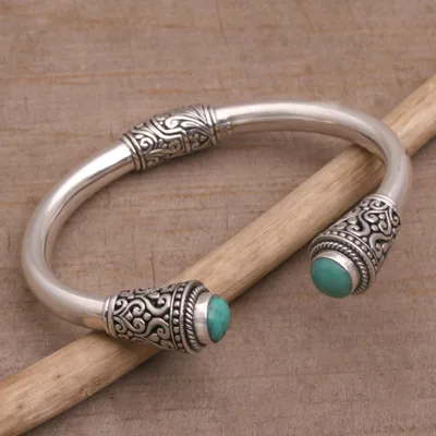 Turquoise cuff bracelet, 'Petal Temple' - Turquoise and Sterling Silver Cuff Bracelet from Bali