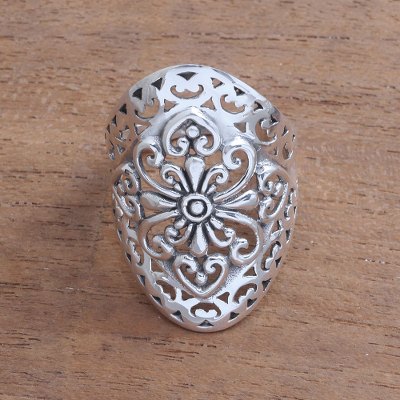 Sterling silver cocktail ring, 'Openwork Flower' - Openwork Pattern Sterling Silver Cocktail Ring from Bali