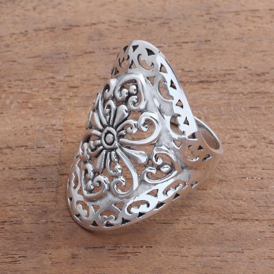 Sterling silver cocktail ring, 'Openwork Flower' - Openwork Pattern Sterling Silver Cocktail Ring from Bali