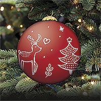 UNICEF glass holiday ornament, 'Reindeer Friends' - Red Glass Holiday Ornament