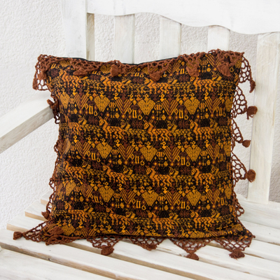 Cotton cushion cover, 'Tactic Gold' - Brown and Gold Guatemalan Hand Woven Cushion Cover