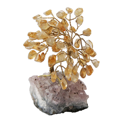 Citrine mini gemstone tree, 'Lemon Leaves' - Citrine and Amethyst Brazilian Mini Gemstone Tree Sculpture