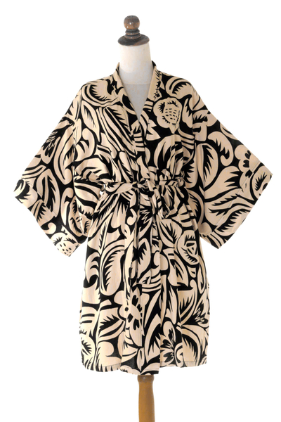 Short rayon robe, 'Sunset Shade' - Women's Cornsilk and Black Rayon Short Robe with Self Belt