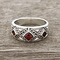 Garnet band ring, 'Radiant Squares' - Garnet Band Ring Crafted in India