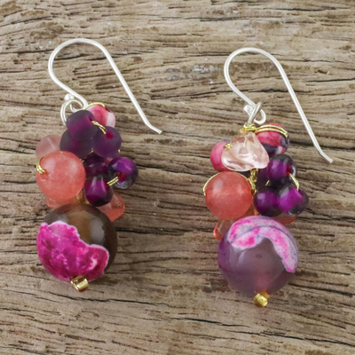 Quartz beaded dangle earrings, 'Lovely Blend in Pink' - Pink Quartz and Glass Bead Dangle Earrings from Thailand