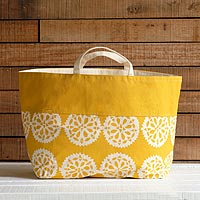 Cotton canvas tote bag, 'Mandala Yellow' - Yellow Canvas Tote Bag
