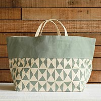Cotton canvas tote bag, 'Bebe Lichen' - Hand-Printed Canvas Tote Bag
