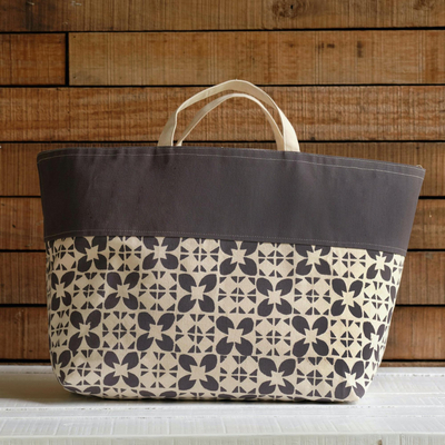 Cotton canvas tote bag, 'Bua Taupe' - Printed Canvas Tote Bag from Fiji