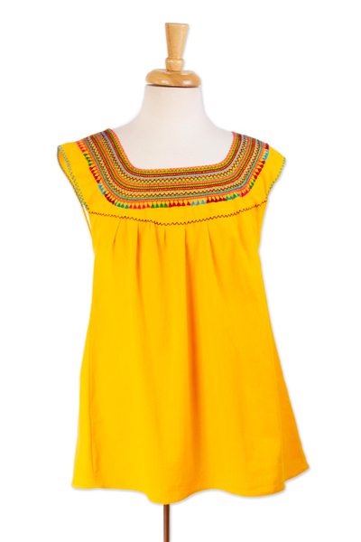 Cotton blouse, 'Marigold Summer' - Handwoven Saffron Cotton Sleeveless Blouse from Mexico