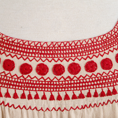 Cotton blouse, 'San Cristobal Tradition' - Beige Cotton Blouse with Traditional Red Embroidery