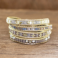 Beaded wristband bracelet, 'Reflections' - Silvery Beaded Wristband Bracelet from Guatemala