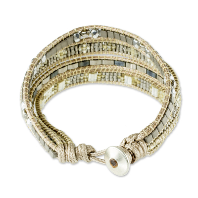 Beaded wristband bracelet, 'Reflections' - Silvery Beaded Wristband Bracelet from Guatemala