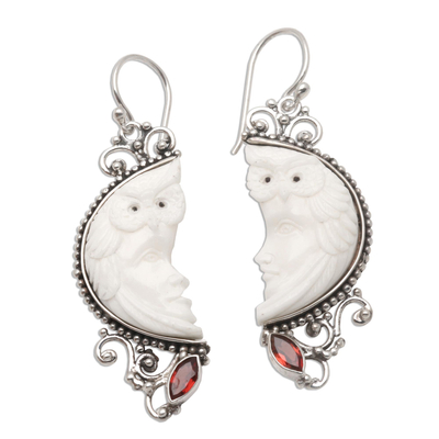 Garnet and bone dangle earrings, 'Owl Protector' - Garnet and Bone Owl Themed Dangle Earrings