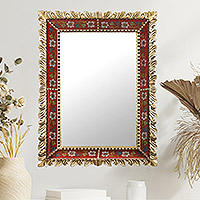 Reverse-painted glass wall mirror, 'Scarlet Flame'