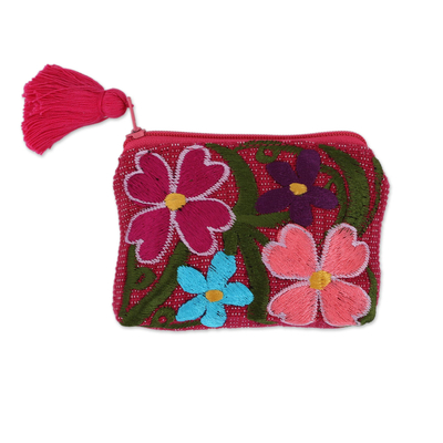 Cotton coin purse, 'Garden of Treasures' - Cotton Colorful Embroidered Floral Motif Coin Purse