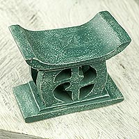 Wood mini decorative stool, 'Adinkra in Green' - Hand Carved Green Mini Wood Decorative Stool from Ghana