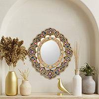 Spiegel „Goldener Garten“ – einzigartiger, hinterlackierter Kunstglas-Wandspiegel aus Holz mit Blumenmuster 