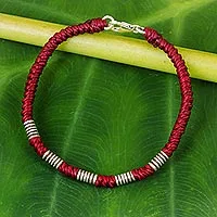 Silver accent wristband bracelet, 'Beautiful Jungle in Crimson' - Red Cord Wristband Braided Bracelet with Silver Beads