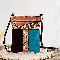 Leather accented suede sling, 'The Llama Way' - Brown and Teal Llama Pattern Leather Accented Suede Sling