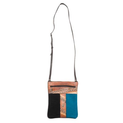 Leather accented suede sling, 'The Llama Way' - Brown and Teal Llama Pattern Leather Accented Suede Sling