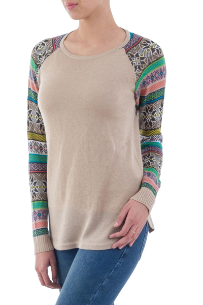 Cotton blend sweater, 'Andean Star in Pale Beige' - Pale Beige Sweater with Star Pattern Multicolor Sleeves