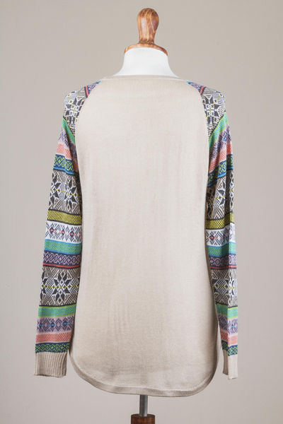 Cotton blend sweater, 'Andean Star in Pale Beige' - Pale Beige Sweater with Star Pattern Multicolor Sleeves