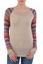 Cotton blend sweater, 'Andean Walk in Pale Beige' - Pale Beige Tunic Sweater with Multi Color Patterned Sleeves