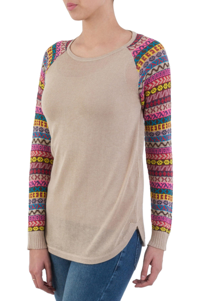 Jersey de mezcla de algodón - Suéter Túnica Beige Pálido Con Mangas Estampadas Multicolor