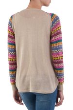 Cotton blend sweater, 'Andean Walk in Pale Beige' - Pale Beige Tunic Sweater with Multi Color Patterned Sleeves