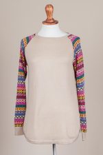 Cotton blend sweater, 'Andean Walk in Pale Beige' - Pale Beige Tunic Sweater with Multi Color Patterned Sleeves