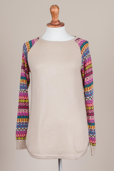 Jersey de mezcla de algodón - Suéter Túnica Beige Pálido Con Mangas Estampadas Multicolor