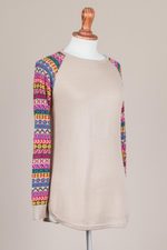 Cotton blend sweater, 'Andean Walk in Pale Beige' - Pale Beige Tunic Sweater with Multi Color Patterned Sleeves