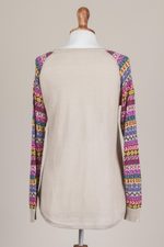 Cotton blend sweater, 'Andean Walk in Pale Beige' - Pale Beige Tunic Sweater with Multi Color Patterned Sleeves