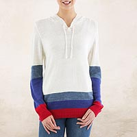 Suéter con capucha, 'Ivory Imagination' - Suéter con capucha de color marfil con rayas azules y rojas