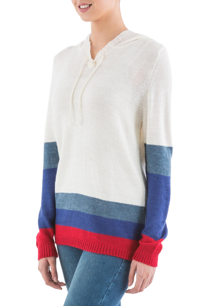 Hoodie sweater, 'Ivory Imagination' - Ivory Hoodie Sweater with Blue and Red Stripes