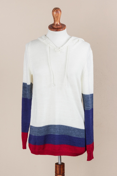 Hoodie sweater, 'Ivory Imagination' - Ivory Hoodie Sweater with Blue and Red Stripes