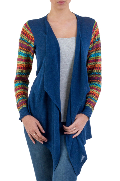Solid Blue Open Kimono Cardigan with Multicolor Sleeves