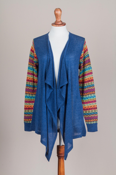 Cotton blend kimono-style cardigan, 'Market Walk in Blue' - Solid Blue Open Kimono Cardigan with Multicolor Sleeves