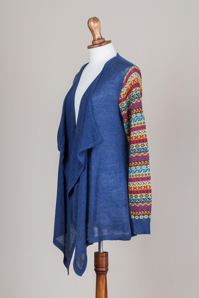 Cárdigan estilo kimono en mezcla de algodón - Cárdigan tipo kimono azul liso con mangas multicolores