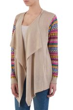 Cotton blend cardigan, 'Pisac Market in Pale Beige' - Solid Beige Cardigan with Open Front and Multicolor Sleeves