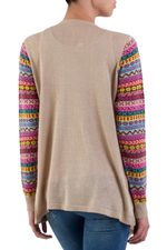 Cotton blend cardigan, 'Pisac Market in Pale Beige' - Solid Beige Cardigan with Open Front and Multicolor Sleeves