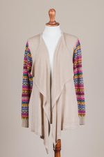Cotton blend cardigan, 'Pisac Market in Pale Beige' - Solid Beige Cardigan with Open Front and Multicolor Sleeves