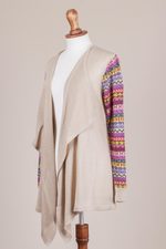 Cotton blend cardigan, 'Pisac Market in Pale Beige' - Solid Beige Cardigan with Open Front and Multicolor Sleeves