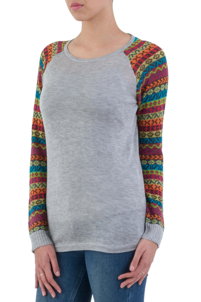 Jersey de mezcla de algodón - Suéter Túnica Gris con Mangas Estampadas Multicolor
